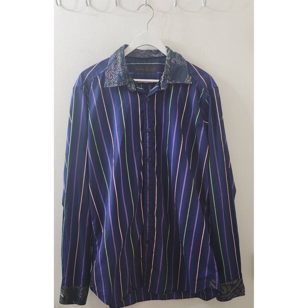 Etro Milano Mens Large Blue Striped Paisley Trim Cotton Button Down Shirt Italy